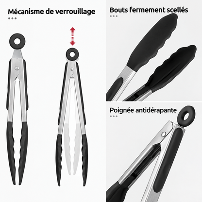 Set 3 Pinces de Cuisine Inox - Embouts Silicone Anti-Rayures